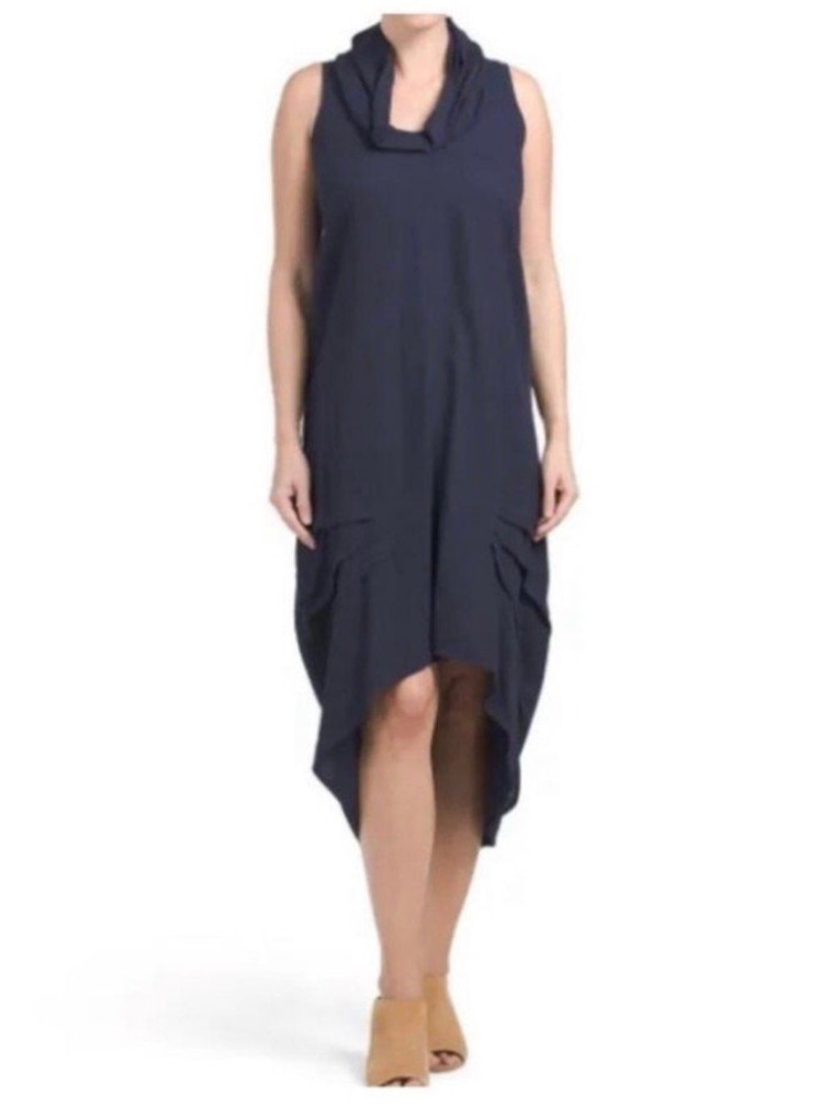 For Cynthia Black High-Low Navy Sleeveless Linen Cowl Neck Dress